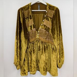 ANTHROPOLOGIE Long-sleeve Velvet Lace Babydoll Top Gold Women Size Small Casual